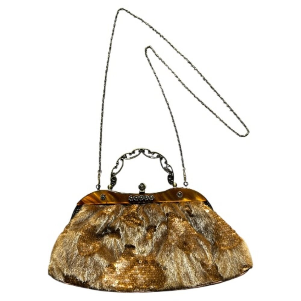 IN's Faux Fur Leather Sequins Tortoise Shell Clutch Gold Tone